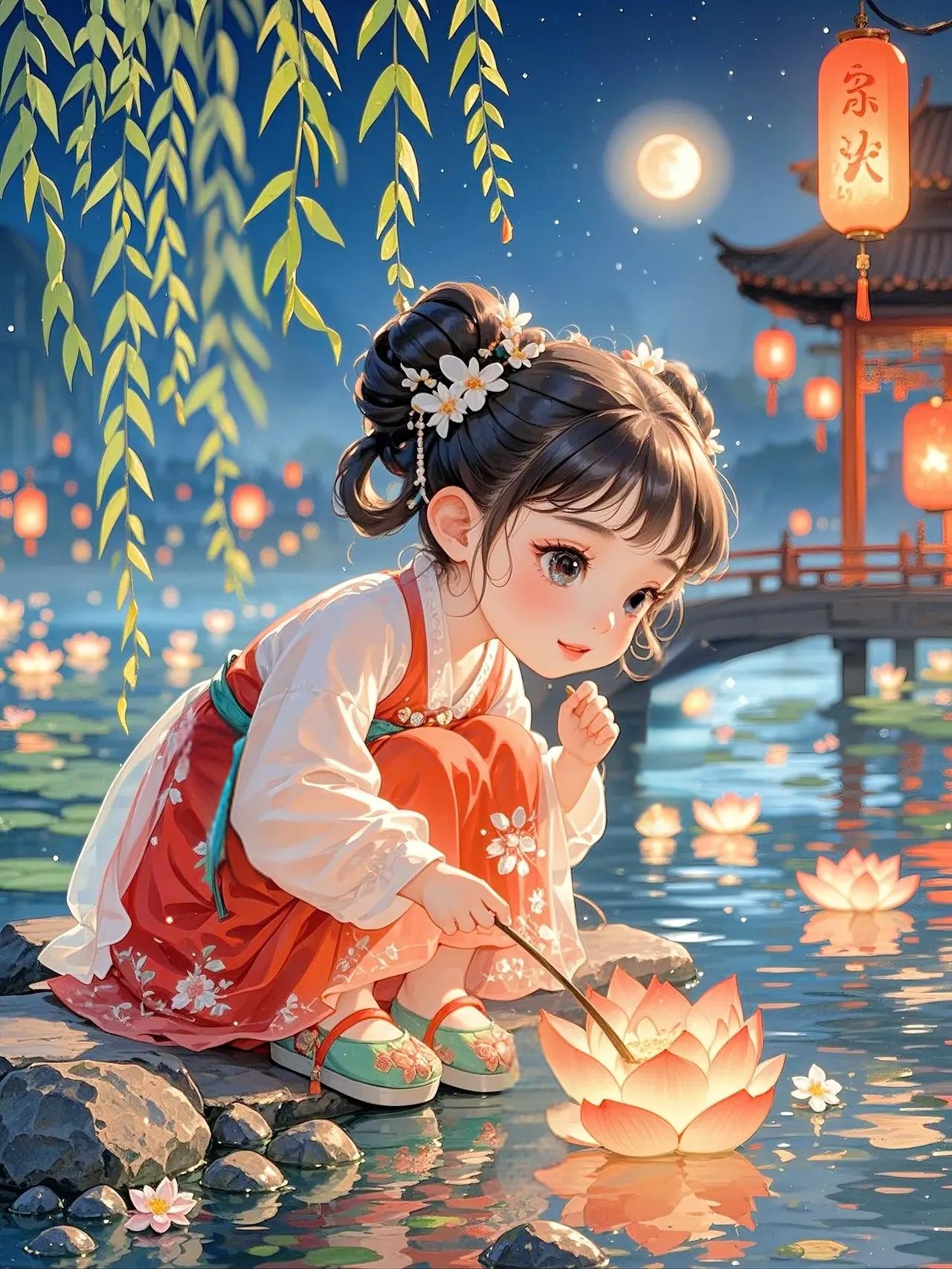 月光洒落,古雅女孩轻放花灯于流水,祈愿它随风轻扬,映照心底那份团圆
