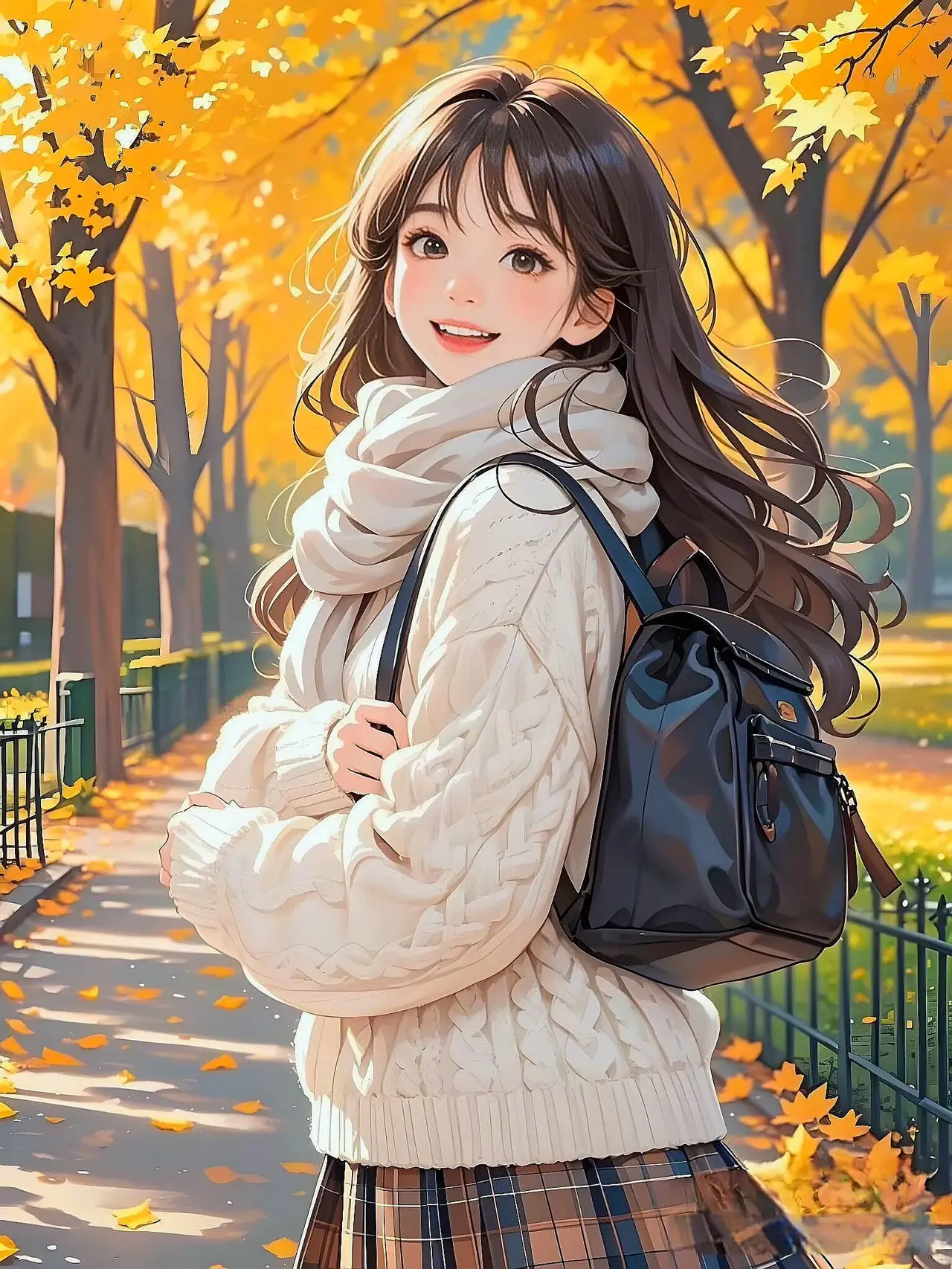 秋日校园中,小女孩沐浴在温柔暖阳下, 金色落叶翩翩