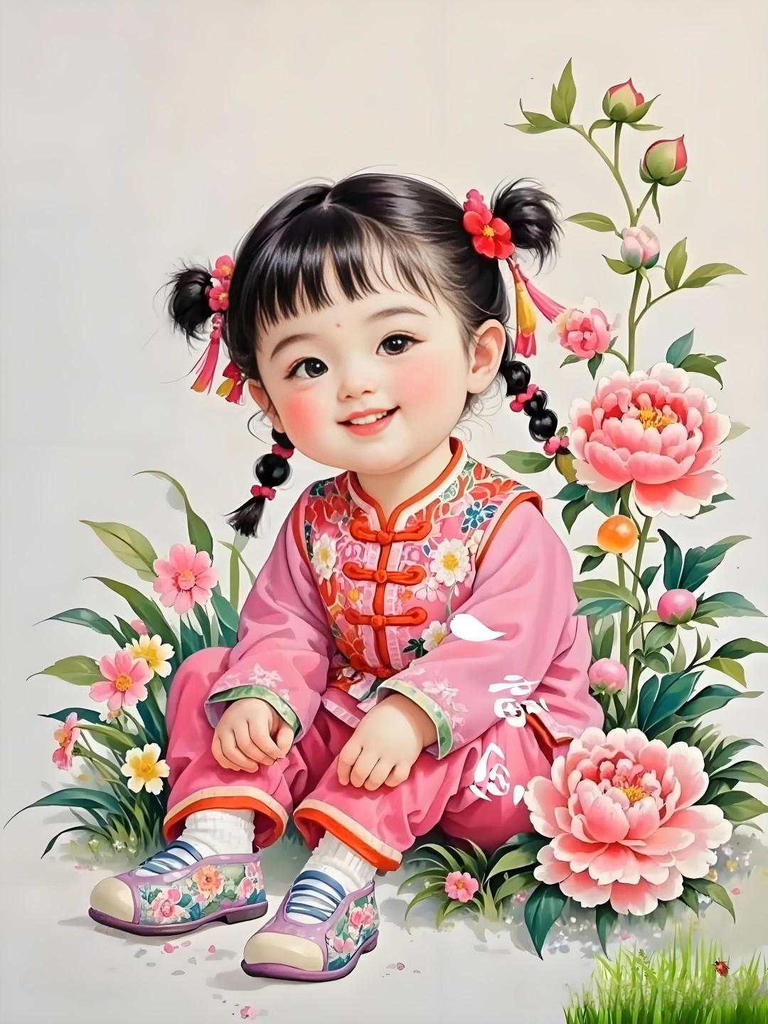 在这色彩斑斓的年画中, 小姑娘身着粉嫩的衣裳, 仿佛春日里绽放的桃花