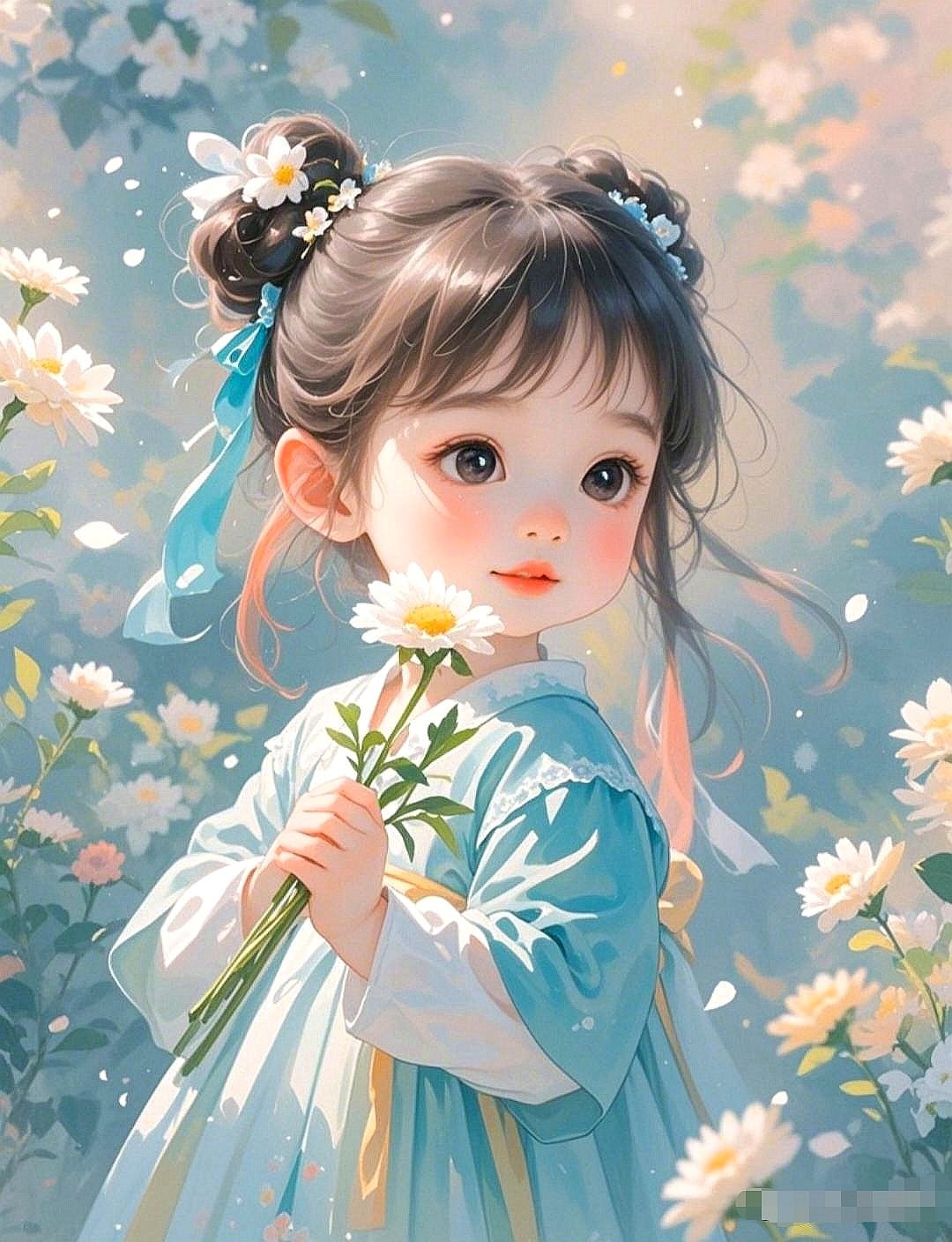 这幅画中的小女孩手持雏菊,置身于花海之中,仿佛整个世界都充满了她的