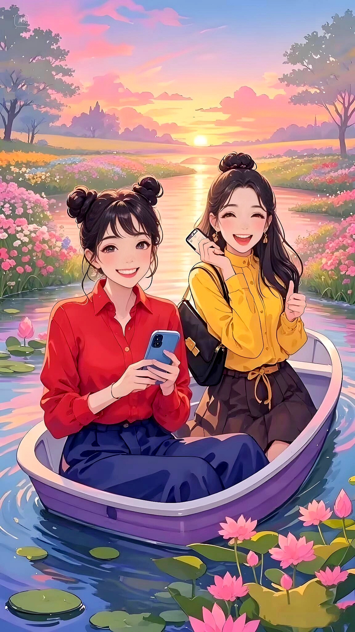 姐妹俩泛舟湖上, 落日余晖中共享宁静时刻