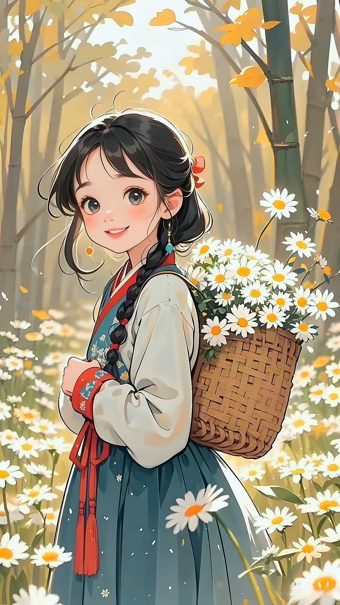 采花的小女孩笑靥如花, 芬芳的野花在篮中绽放春意