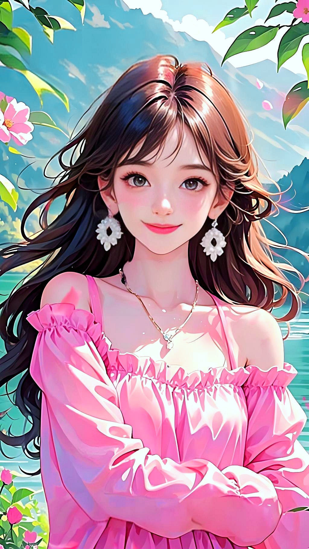 春日湖畔,粉裙女孩笑靥如初绽樱花, 在绚烂的樱花树