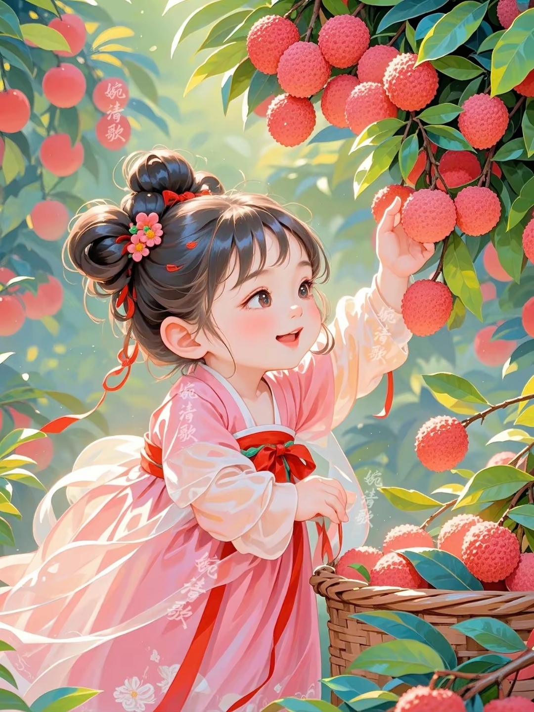 樱粉林间,指尖轻触枝头硕果,笑语连连,洋溢着满心的欢愉