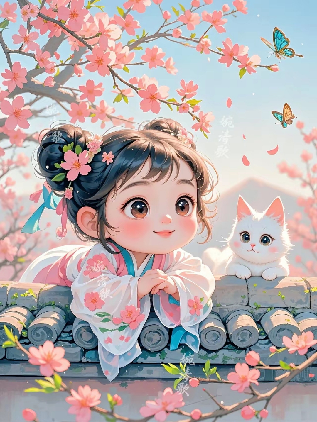 春日樱花树下,清歌与白猫相依,花香伴着蝴蝶舞,美好如画.#可爱插画