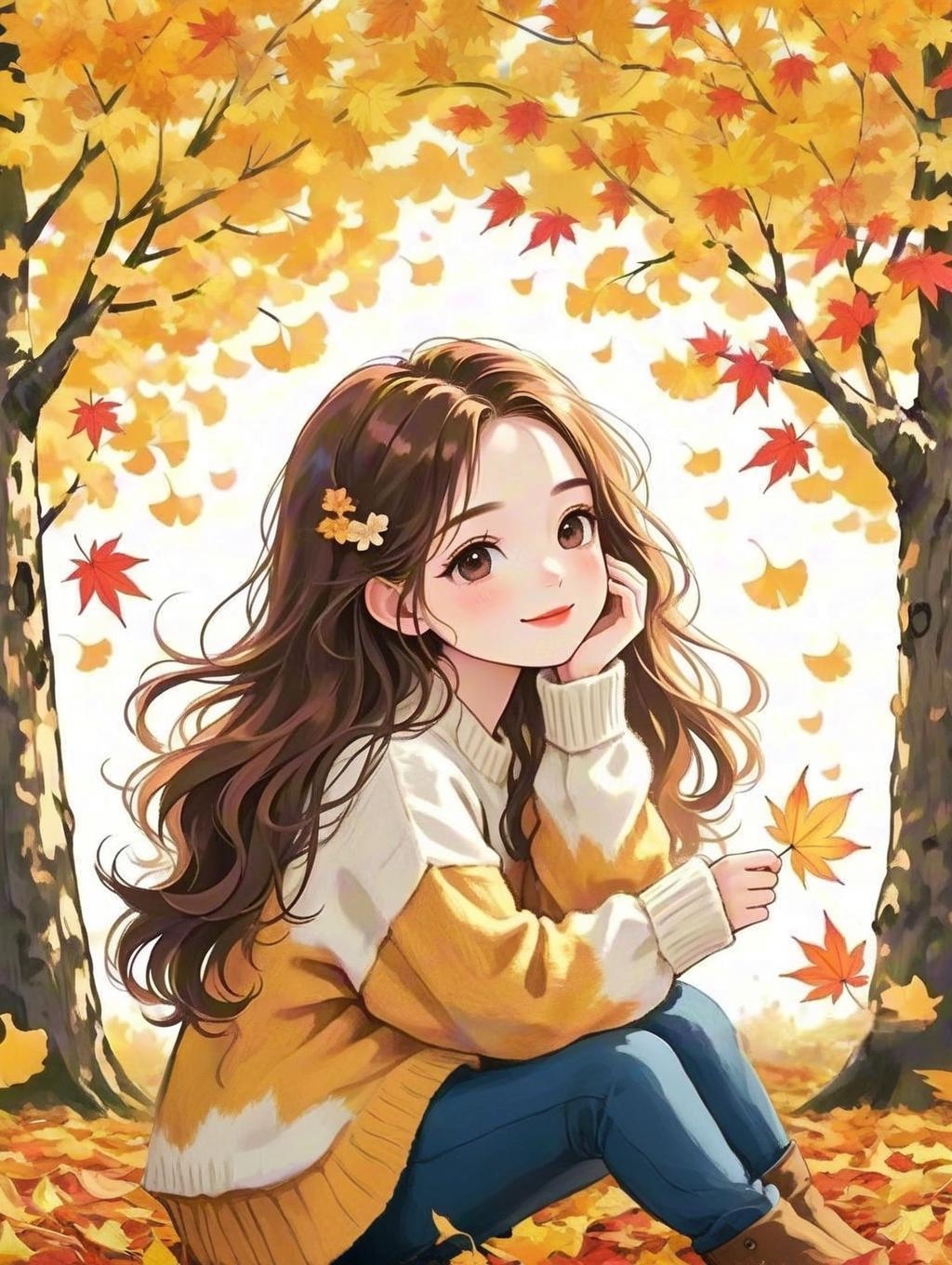 秋天的气息,女孩手捧落叶, 仿佛在诉说季节的故事