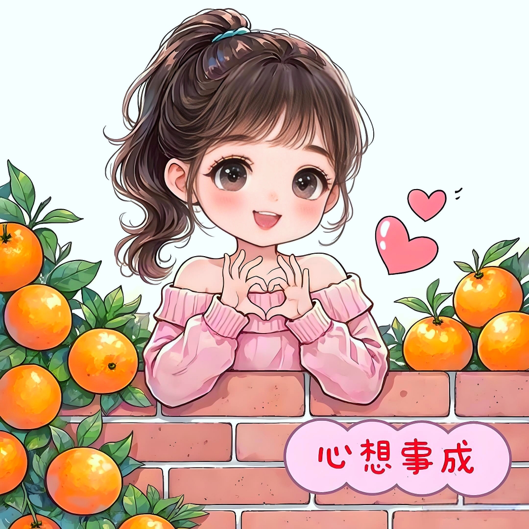 心情染了橙树香氛 可爱的女孩站在一堵砖墙前, 双