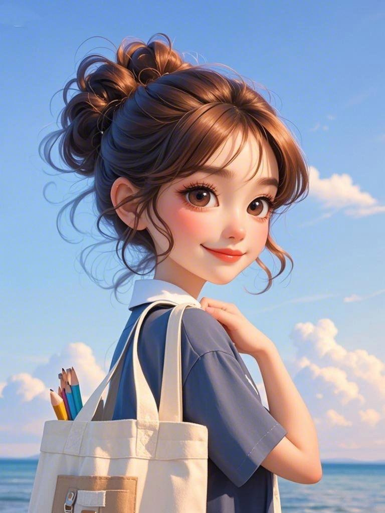 海边风轻云淡,女孩手拎书袋, 漫步沙滩,海浪轻拍,铅笔静静躺在袋中