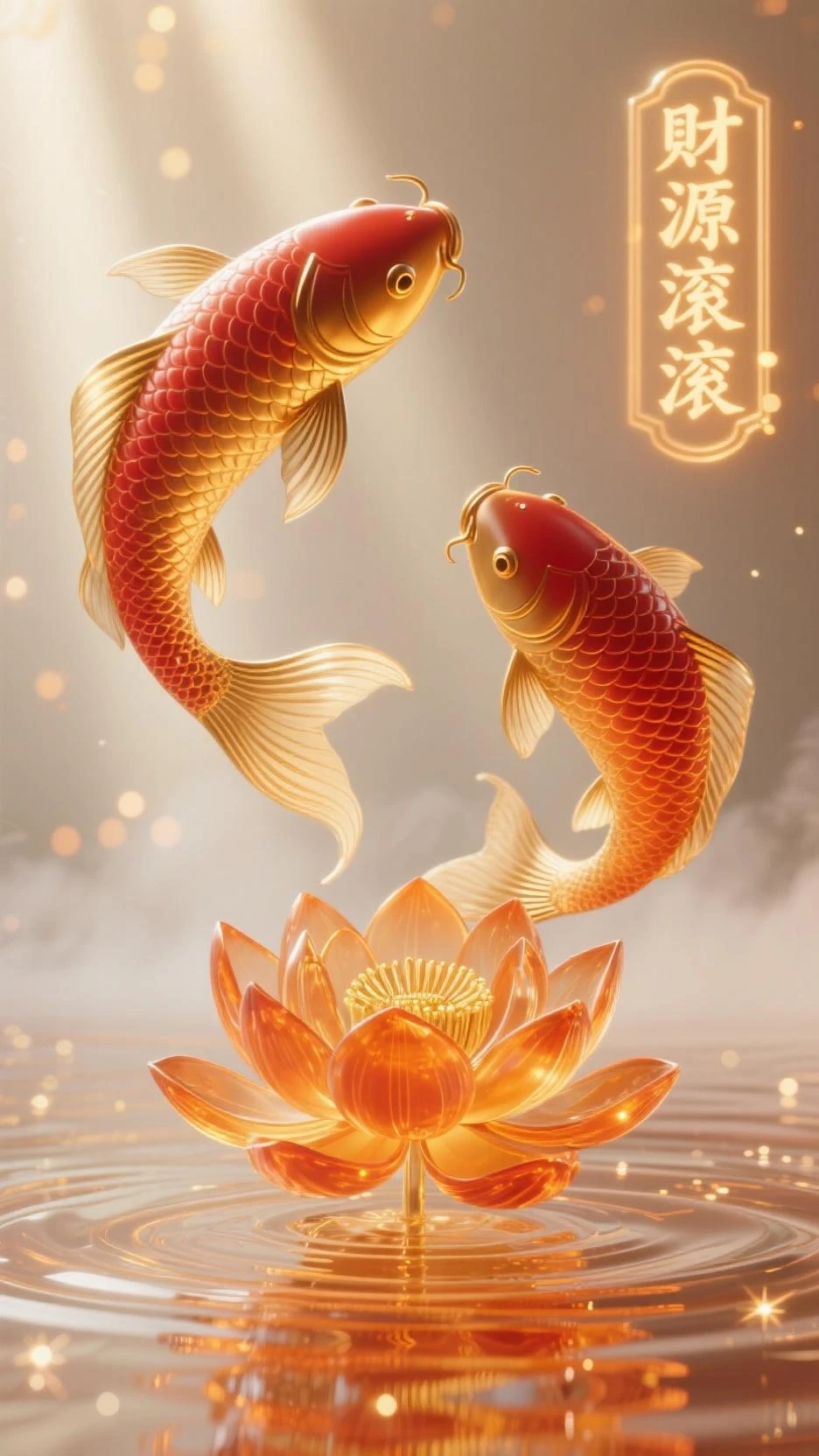 "在这幅画中,两条锦鲤围绕着一朵盛开的莲花游动,仿佛在传递着好运与