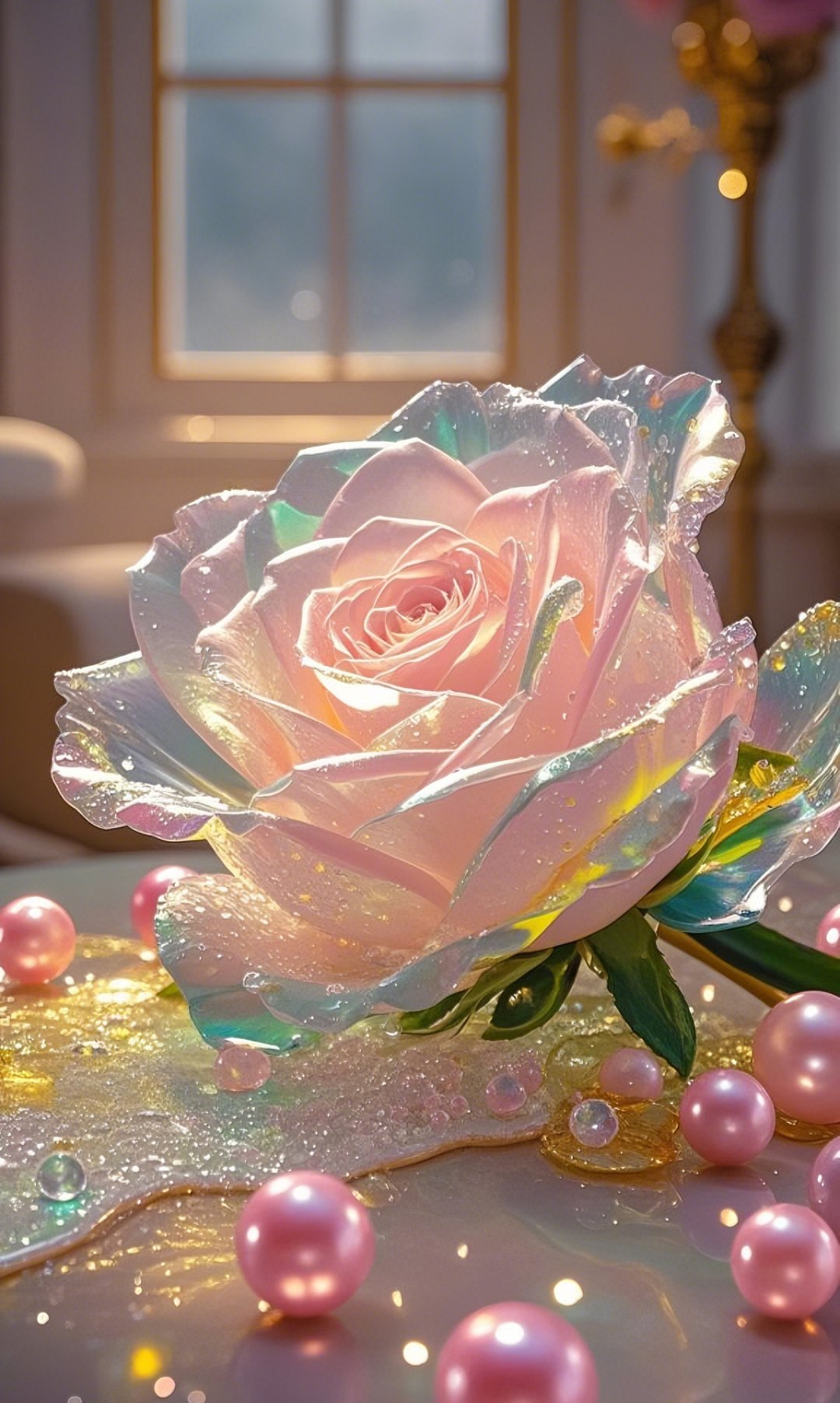 哇,这朵水晶花美得让人窒息,每一颗珍珠都像是夜空中最亮的星,闪耀着