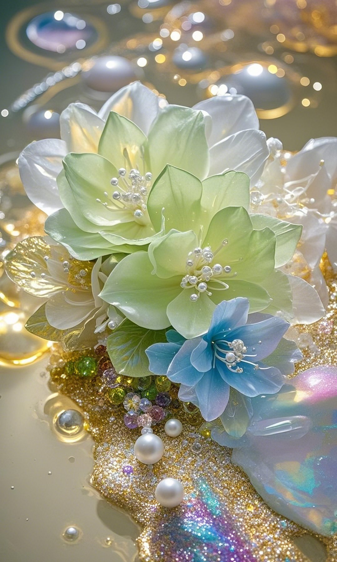 哇,这朵水晶花美得让人窒息,每一颗珍珠都像是夜空中最亮的星,闪耀着