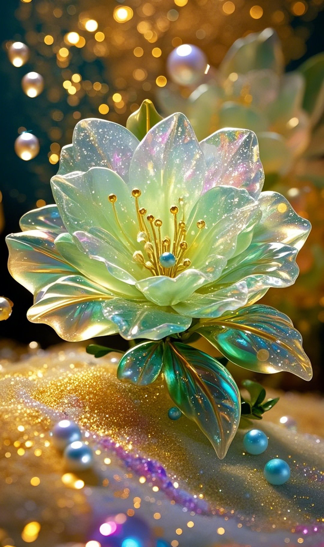 哇,这朵水晶花美得让人窒息,每一颗珍珠都像是夜空中最亮的星,闪耀着
