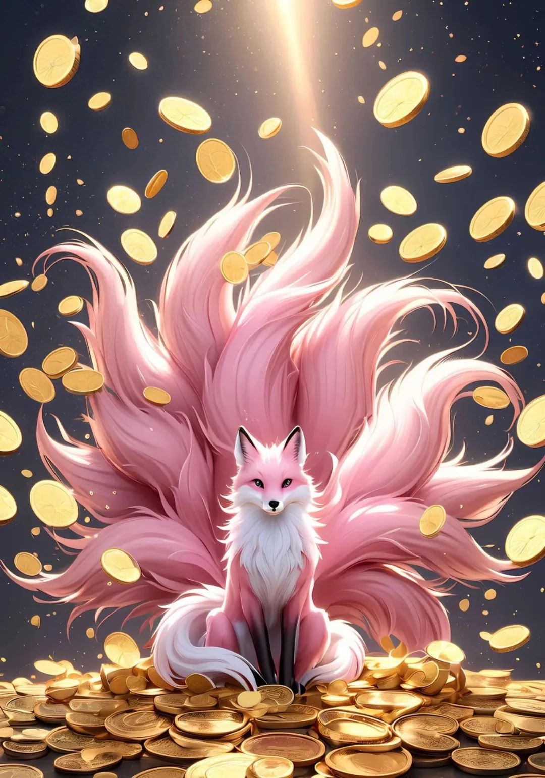 哇,这只九尾狐坐在金币山上,闪闪发光,好像是守护宝藏的幸运小精灵呢!