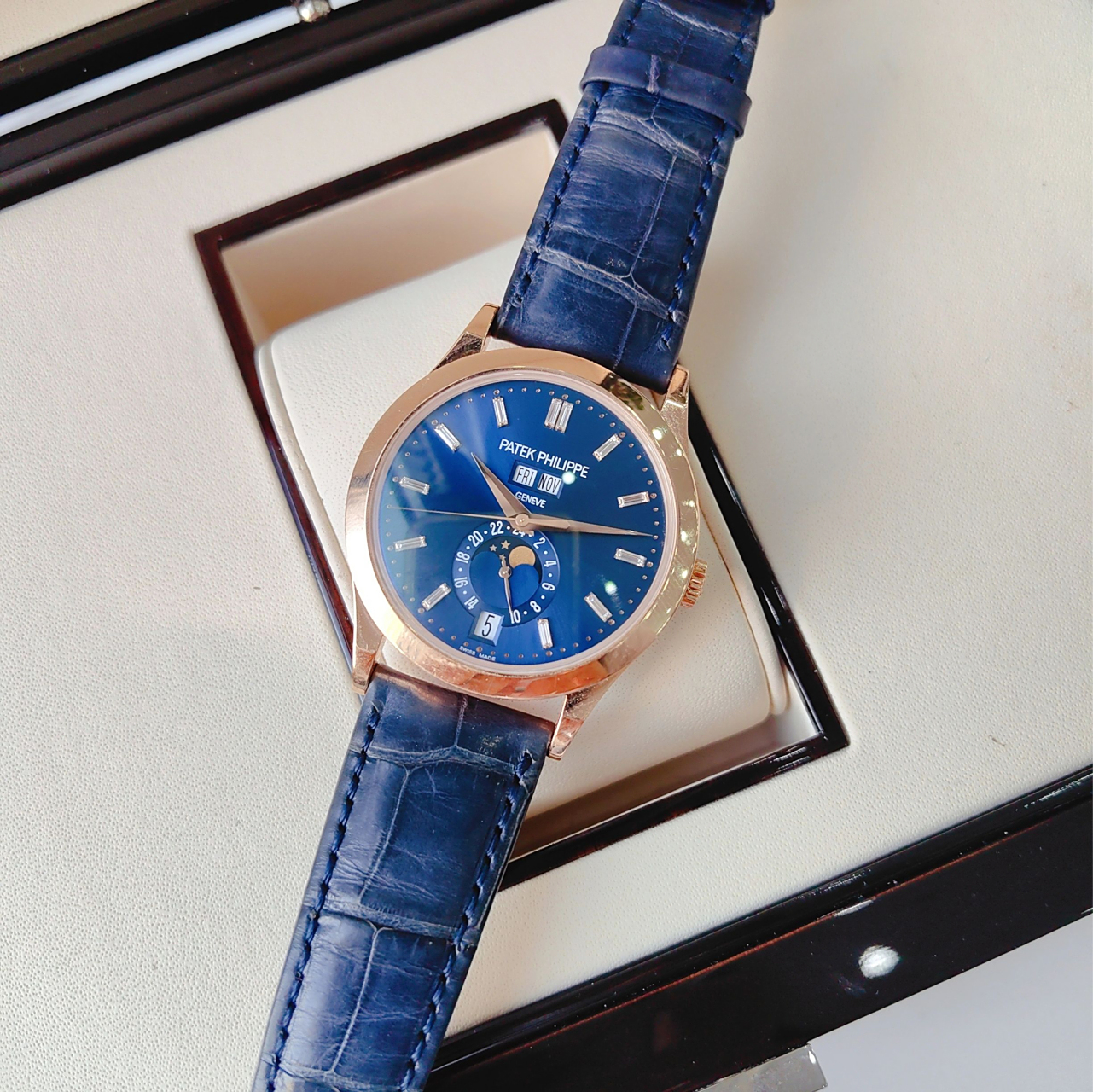 pp百达翡丽 复杂功能时计 5396r 蓝面 钻刻 18k玫瑰金材质 38.