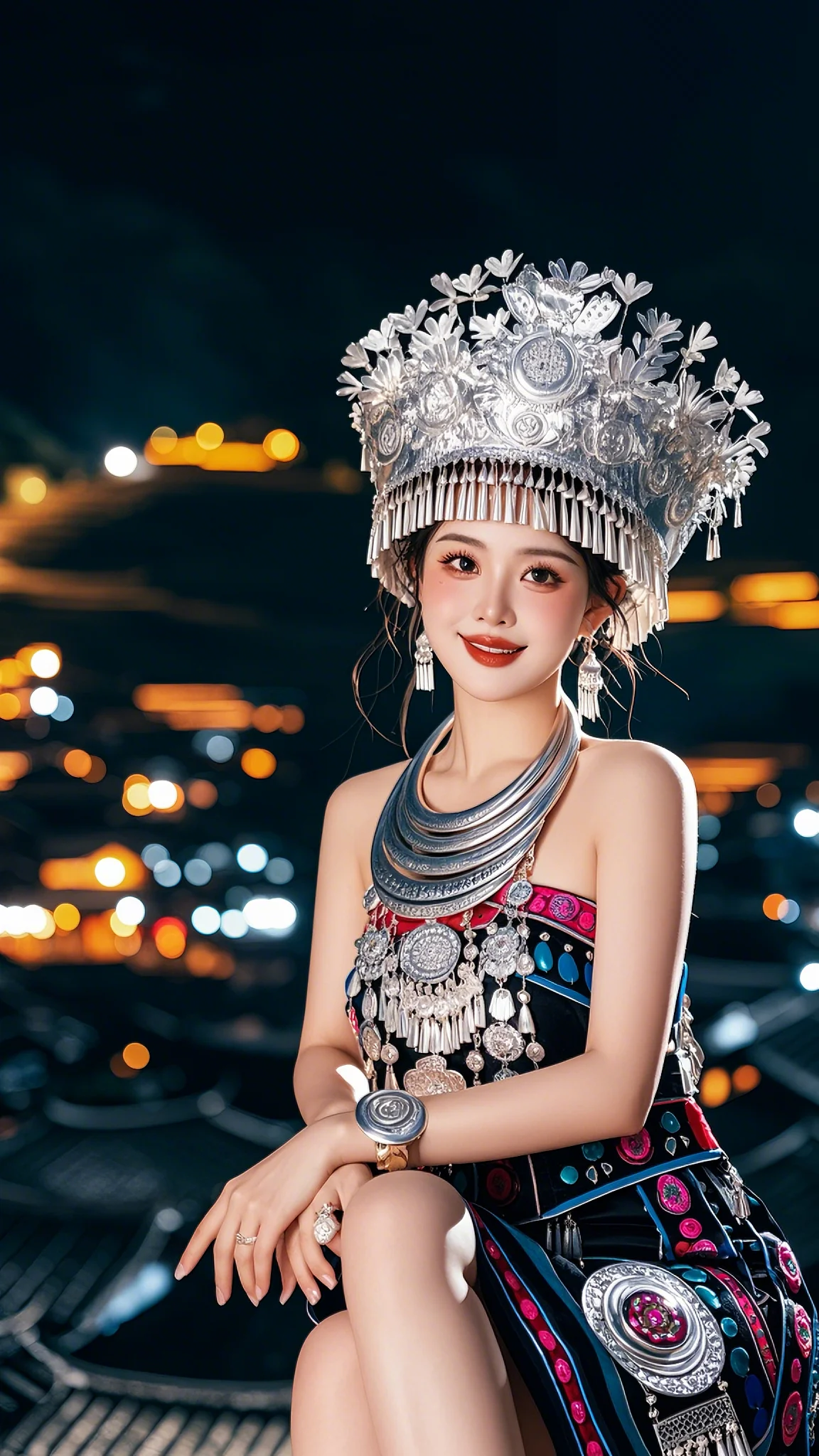 夜色如水,身着苗族服饰的美女宛如夜之精灵,舞动着千年传承的梦幻篇章