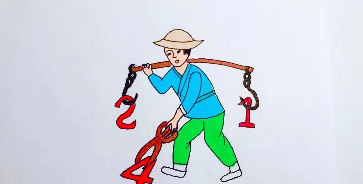 猜成语,有一人挑着扁担,还有数字