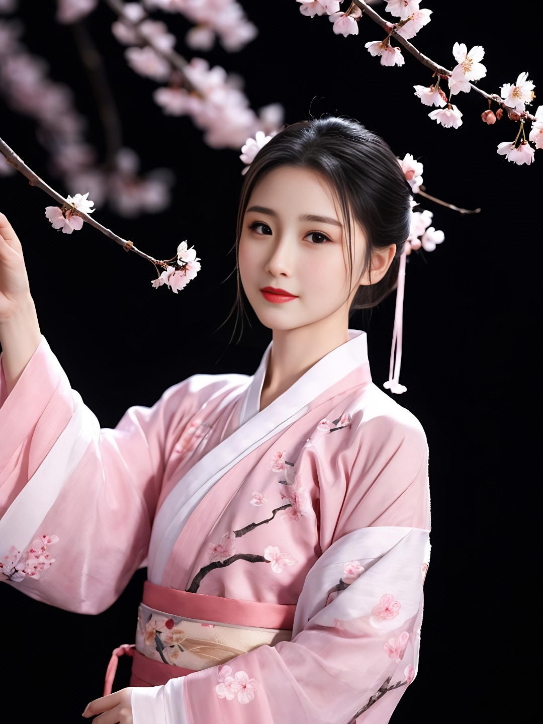 樱花舞影下的汉服女子  樱花如云似雪,飘落在汉服女子的发间.