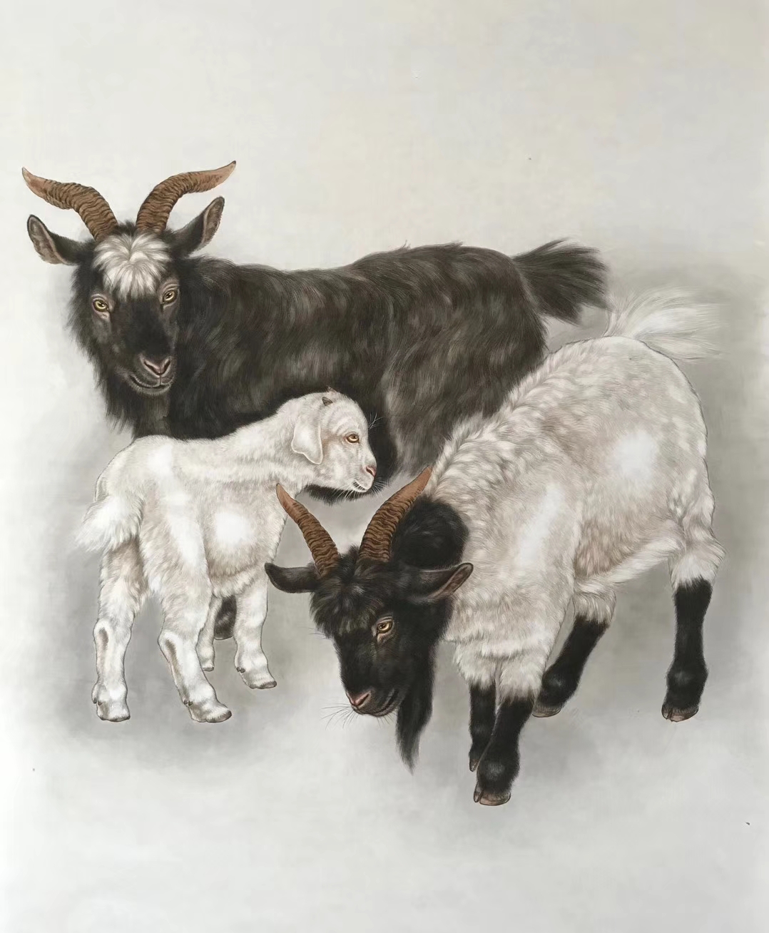 牛文霞工笔画《三羊开泰》