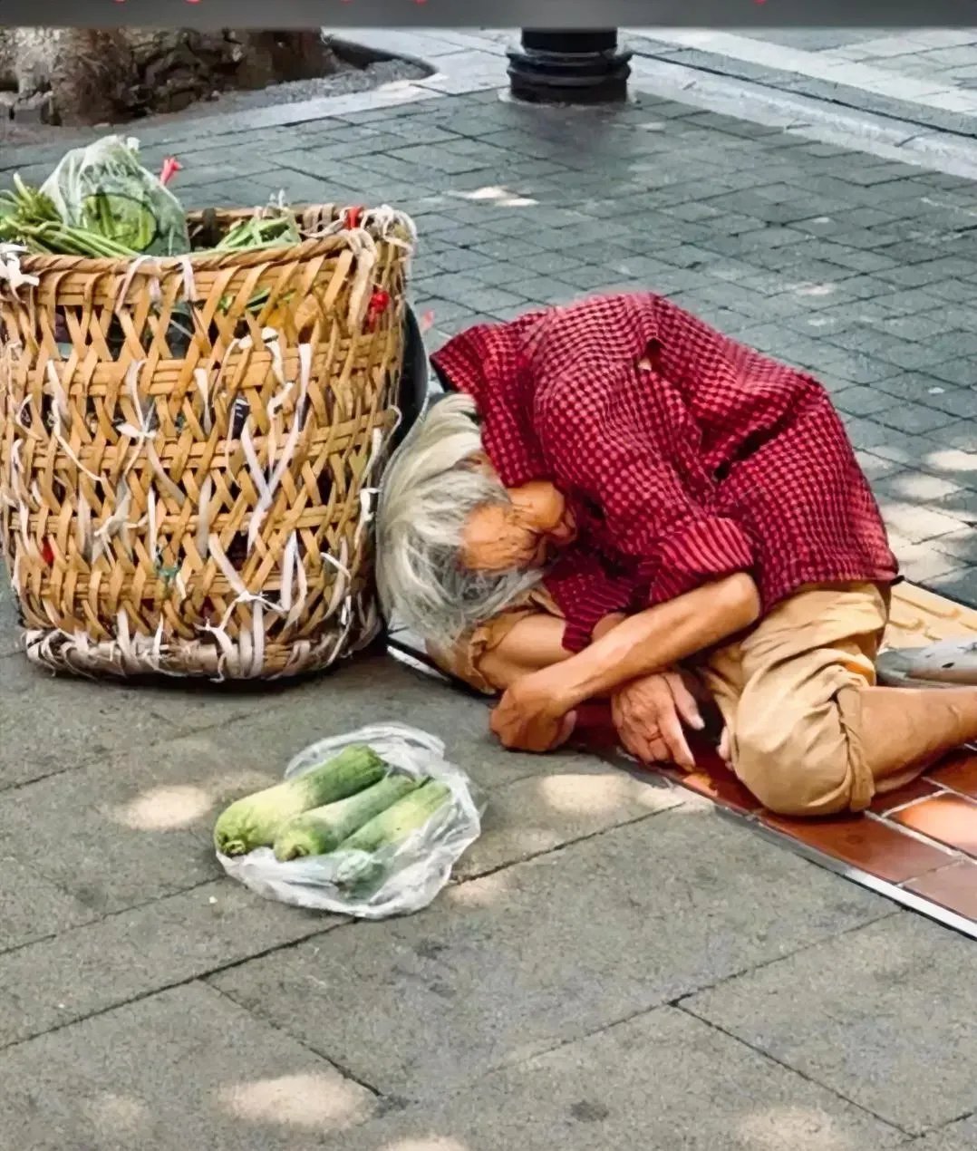 一名白发老人,背着满满一背兜蔬菜,在路边摆摊卖菜,看见老人疲累的
