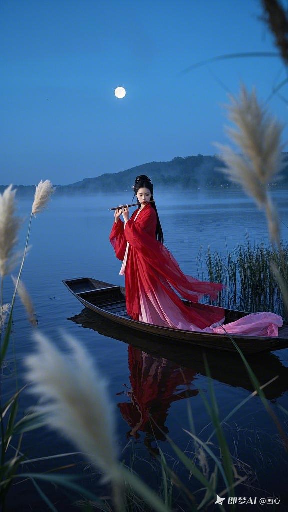 船头,一位绝色佳人,白衣飘飘,如仙子下凡