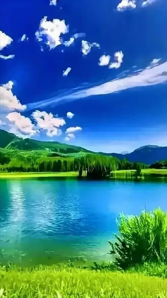 见底,波光粼粼,与蓝天白云相映成趣,构成了一幅美丽的水天一色的画面