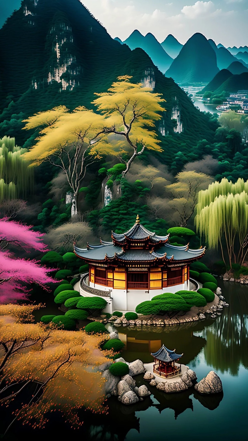 静谧的湖泊如镜,映照出古塔的倒影,仿佛是一幅流动的水墨画.