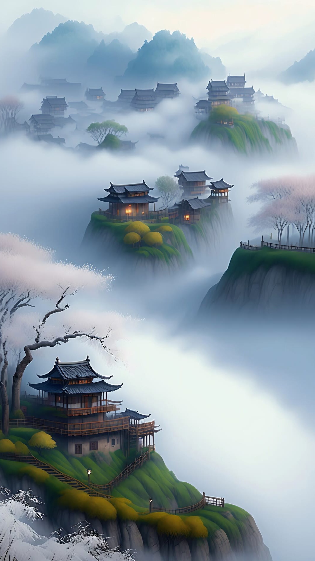 在雾气弥漫的环境中,我看到了那个村庄,它宛如仙境般