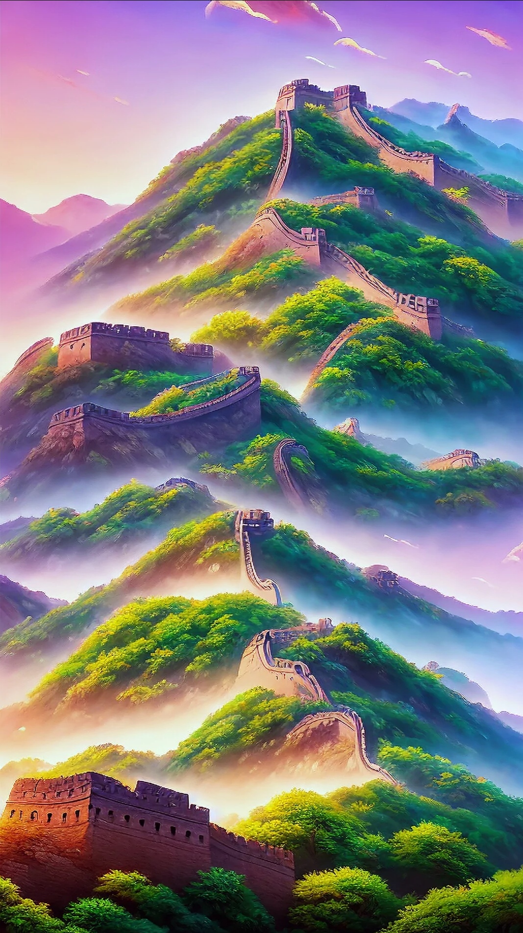 92太阳初升,长城在晨雾中若隐若现,仿佛是时空的隧道,连接着古与今.