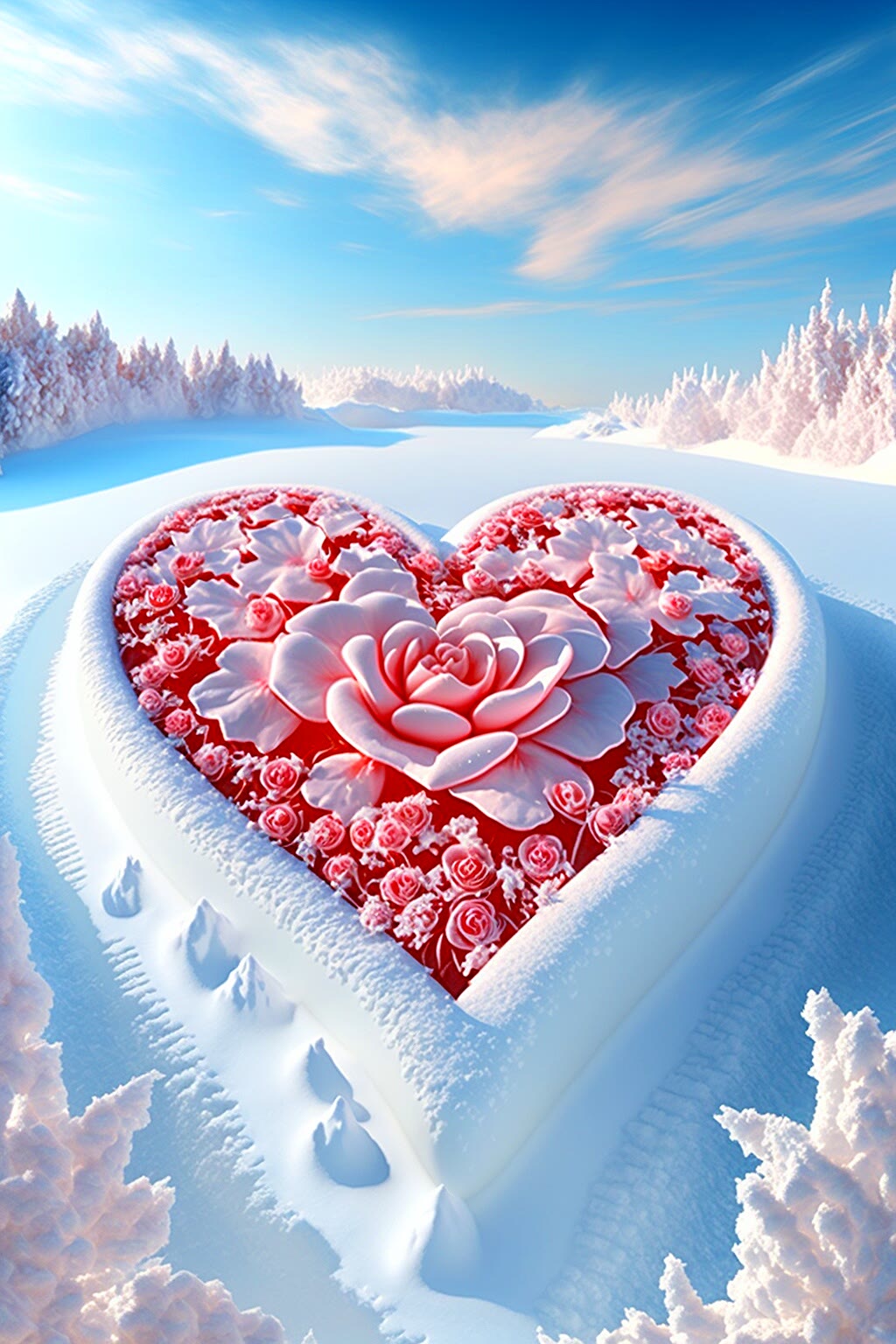 "冬日雪景中的浪漫诗篇,两颗巨大的爱心交织,如同一首未完的恋歌.