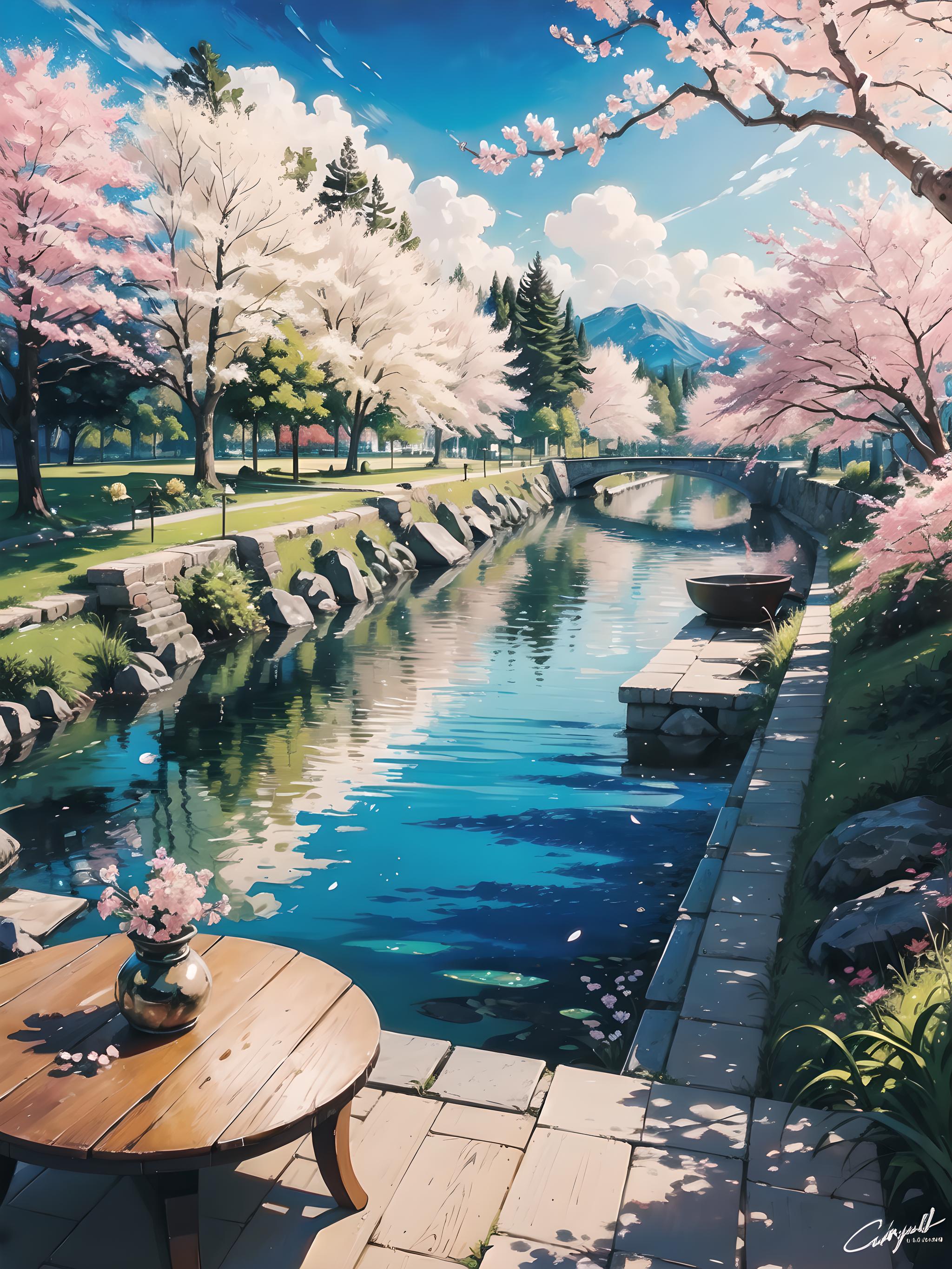 阳光透过樱花树的缝隙洒下温暖的光线,仿佛给整个场景披上了一层柔和