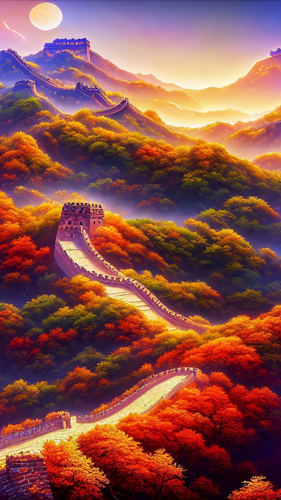 92太阳初升,长城在晨雾中若隐若现,仿佛是时空的隧道,连接着古与今.