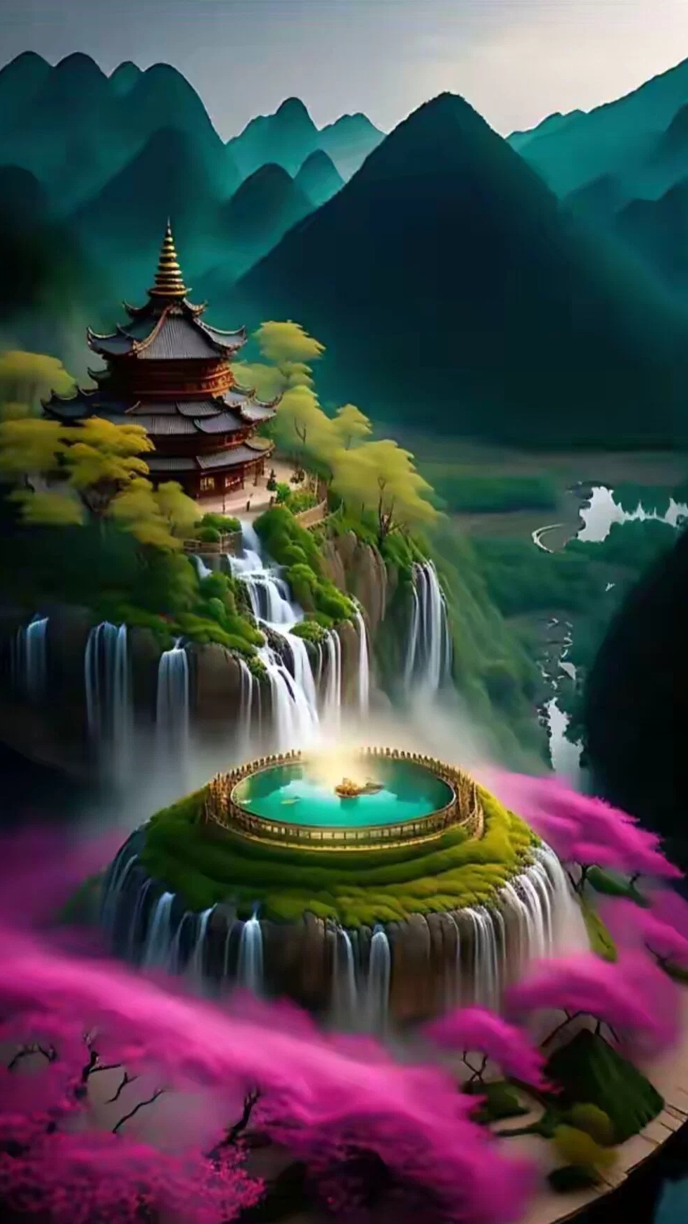瀑布直下,温泉冒泡,樱花绽放,还有那古色古香的中式建筑,简直就像童话
