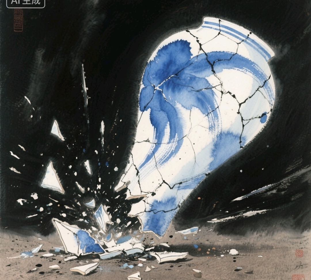 一男一女吵架了,然后女的跑进旁边一家卖瓷器的店