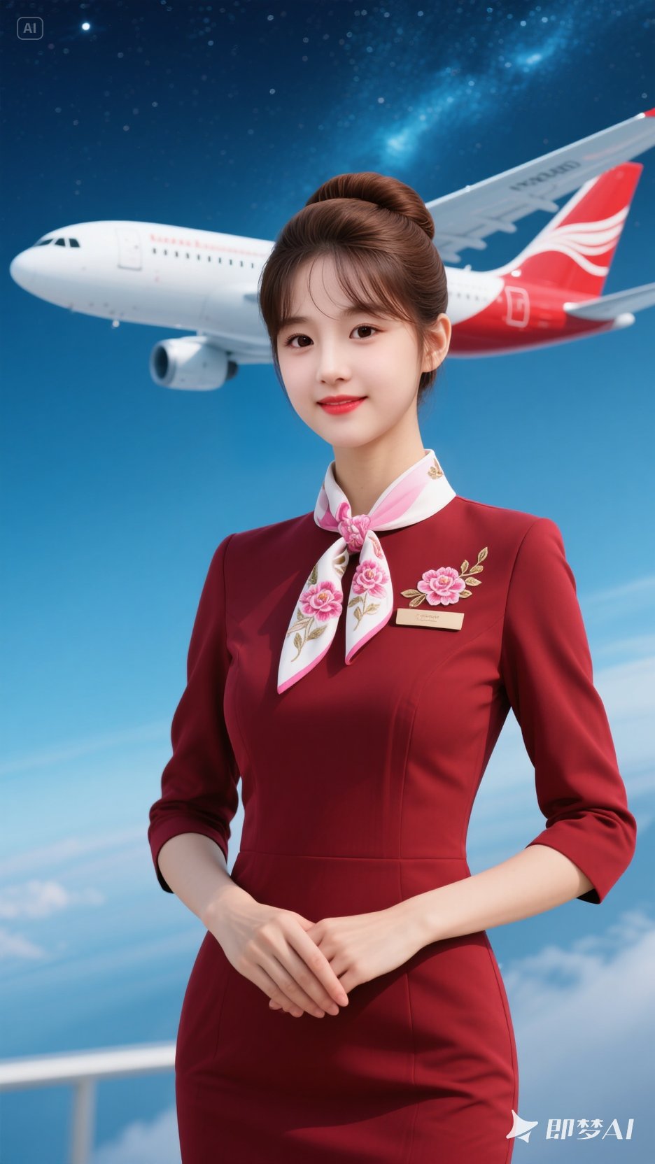 穿暗红色空姐制服的年轻女性优雅而立