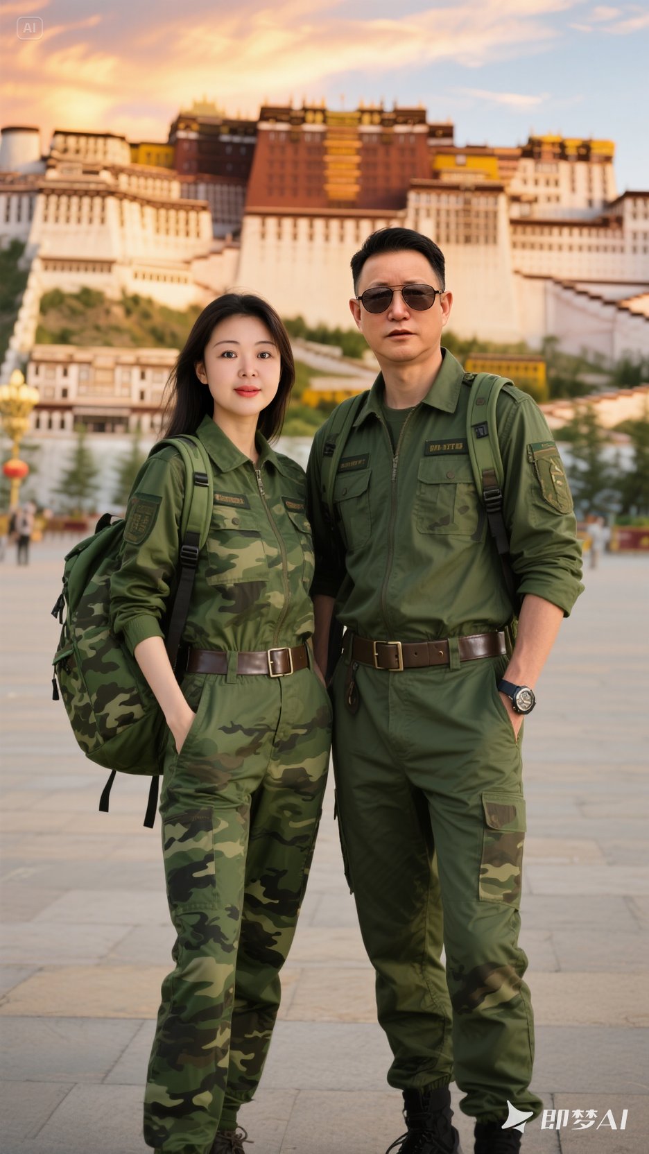 布达拉宫广场上,一对身着同款军绿迷彩服的情侣并肩