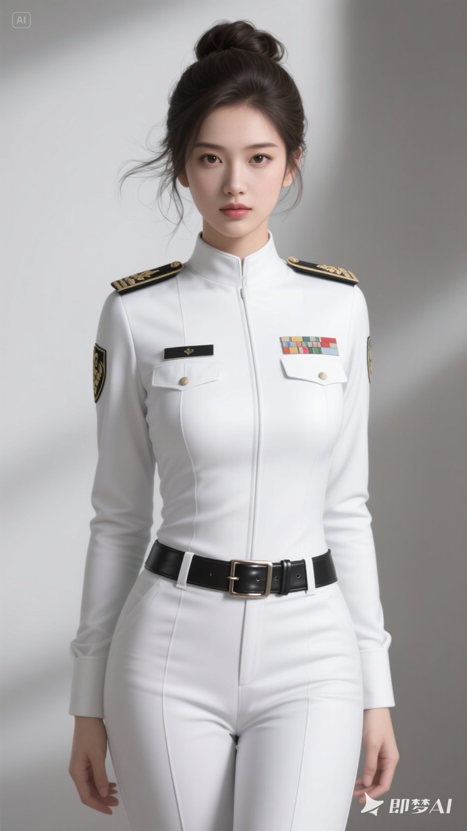 头发高高盘起,却有几缕发丝俏皮散落,打破规整,更显随性自然