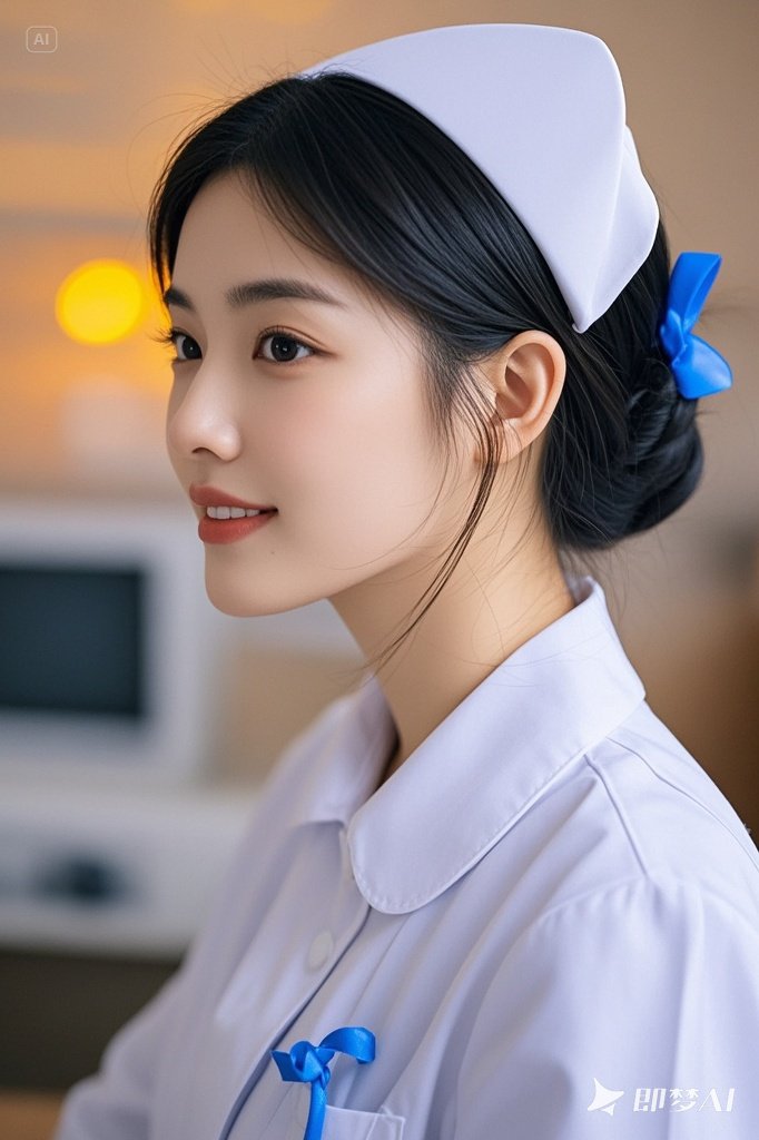 护士美女尽显温柔.燕尾帽衬着青丝,口罩半掩却藏不住眉眼的清澈