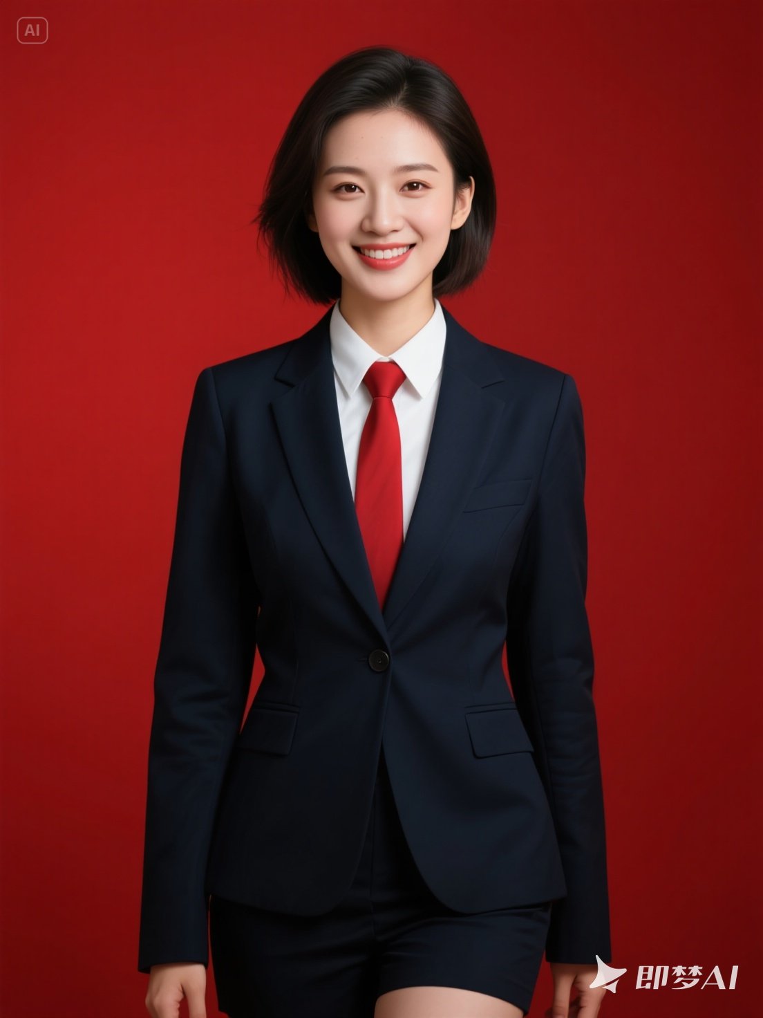 她身着藏青或黑色商务套装,内搭白衬衫,系红色领带,下身小裤,发型整齐