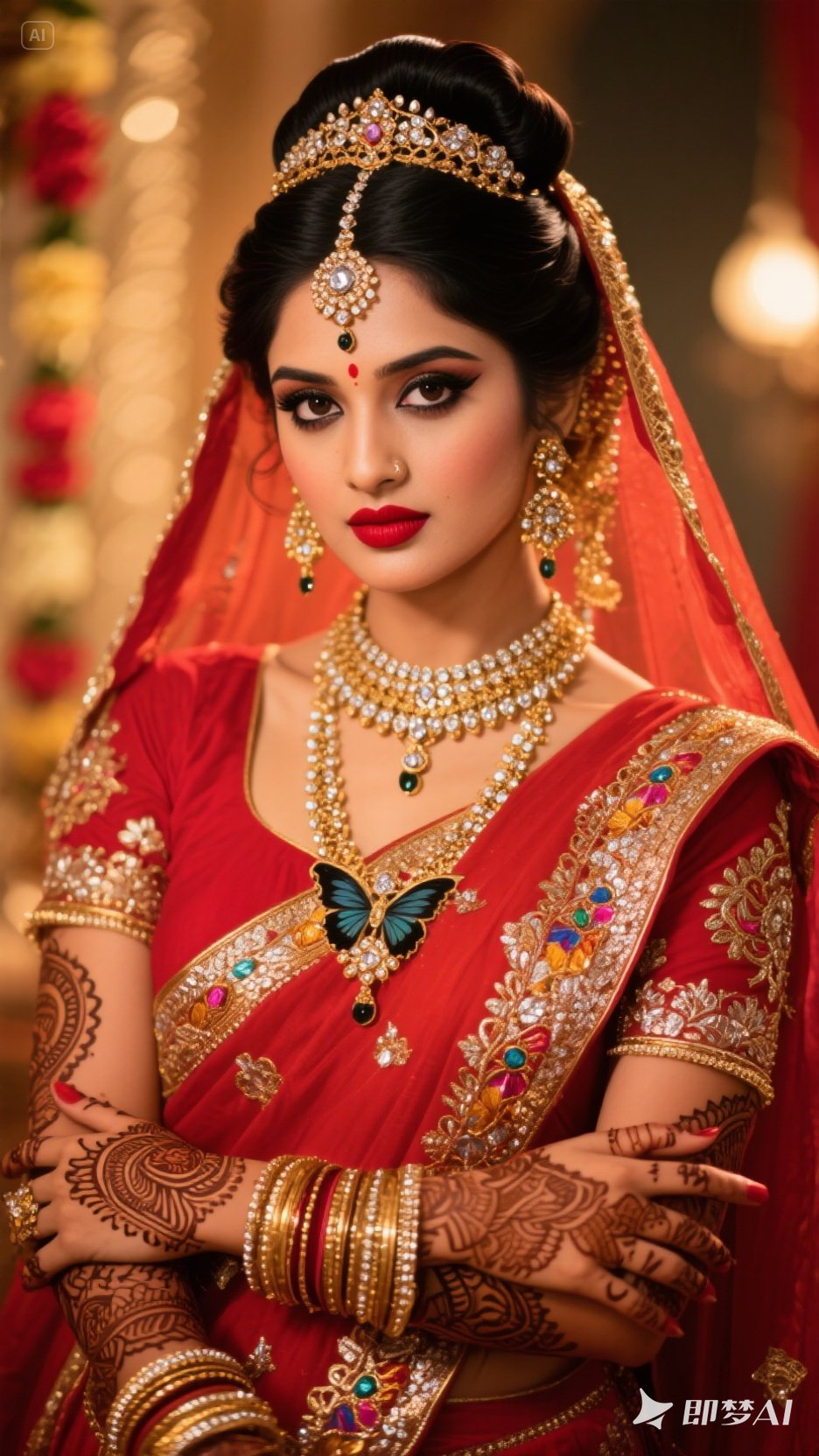 星光般的金饰缀满发髻,印度新娘微微偏瘦的脸庞泛着幸福红晕