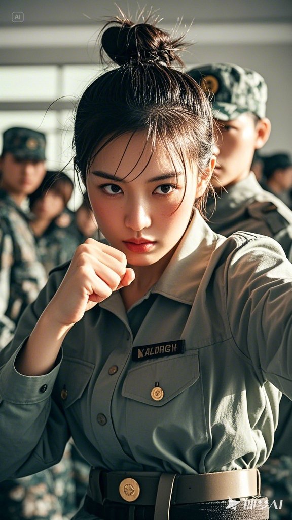 在骄阳似火的训练场上,一位女生正全力投入格斗