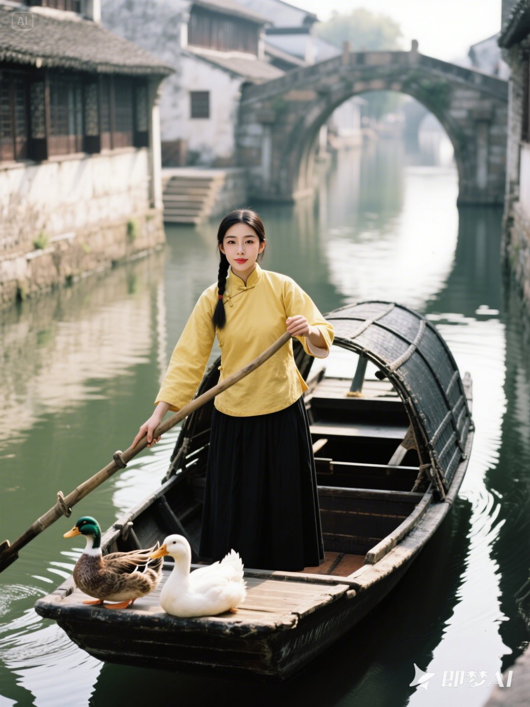 她眉眼含笑,于这水乡烟景中,划出一道道温柔波纹,晕染出江南独有的