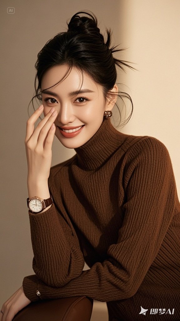 腕间手表低调精致,回眸刹那,甜笑如春日暖阳绽放在脸庞