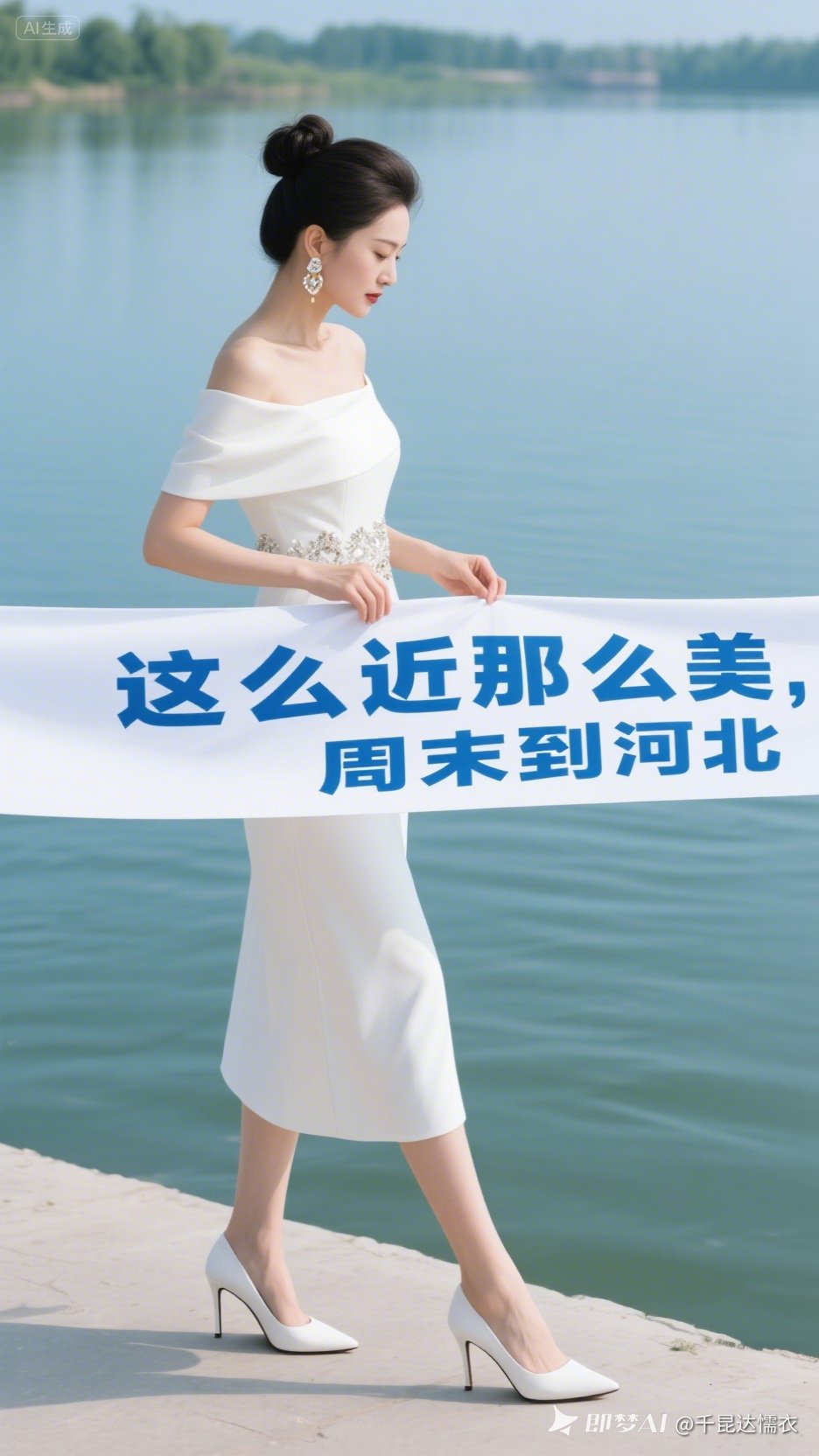 露肩白裙缀精致装饰,高扎的发间晃着显眼耳环