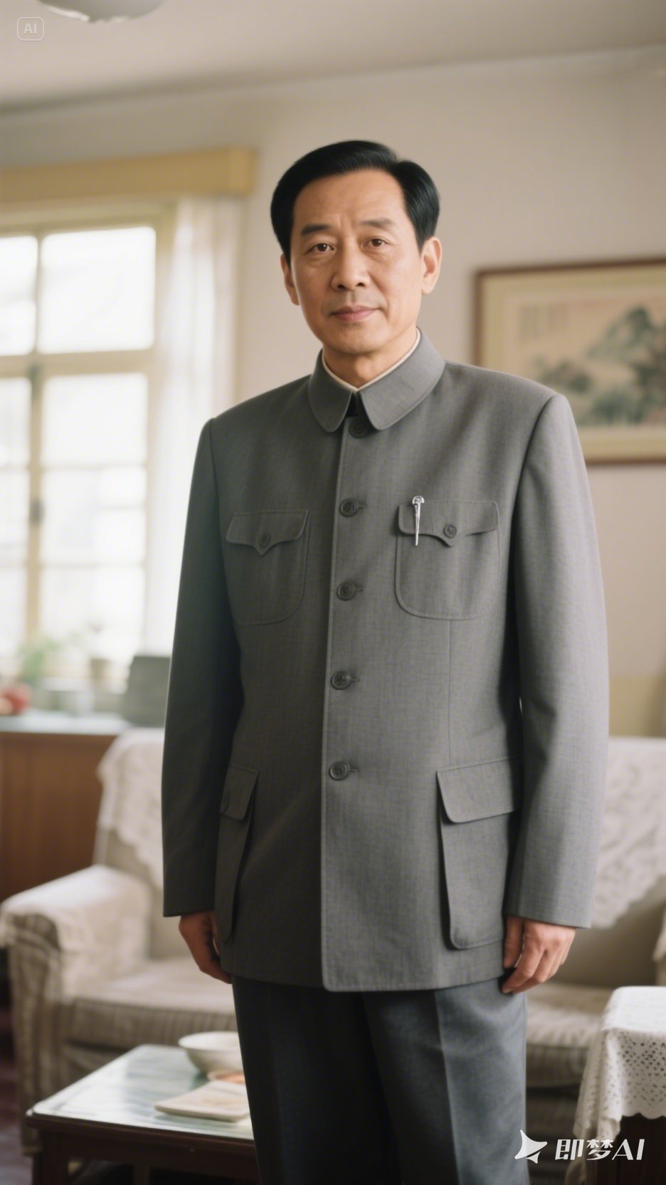 身穿灰色中山装,干净利落精神换