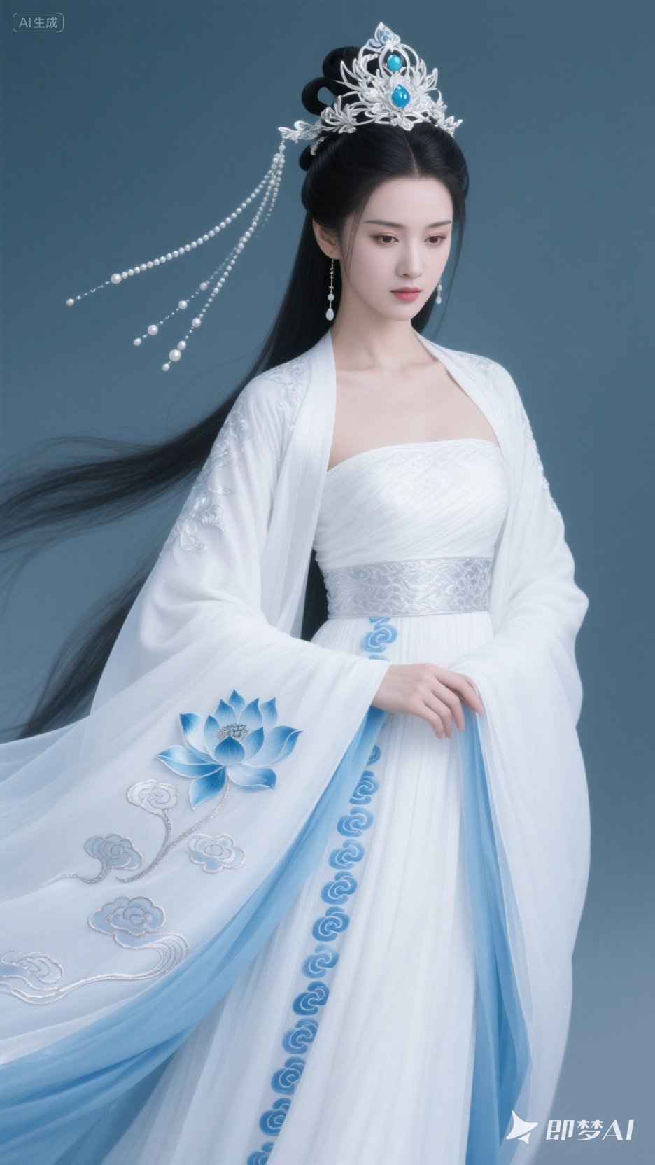 纯白银丝抹胸外罩雪色锦袍,冰蓝披帛垂落三尺