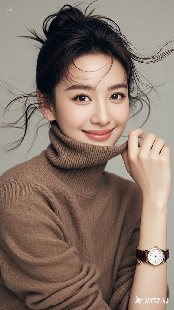 腕间手表低调精致,回眸刹那,甜笑如春日暖阳绽放在脸庞