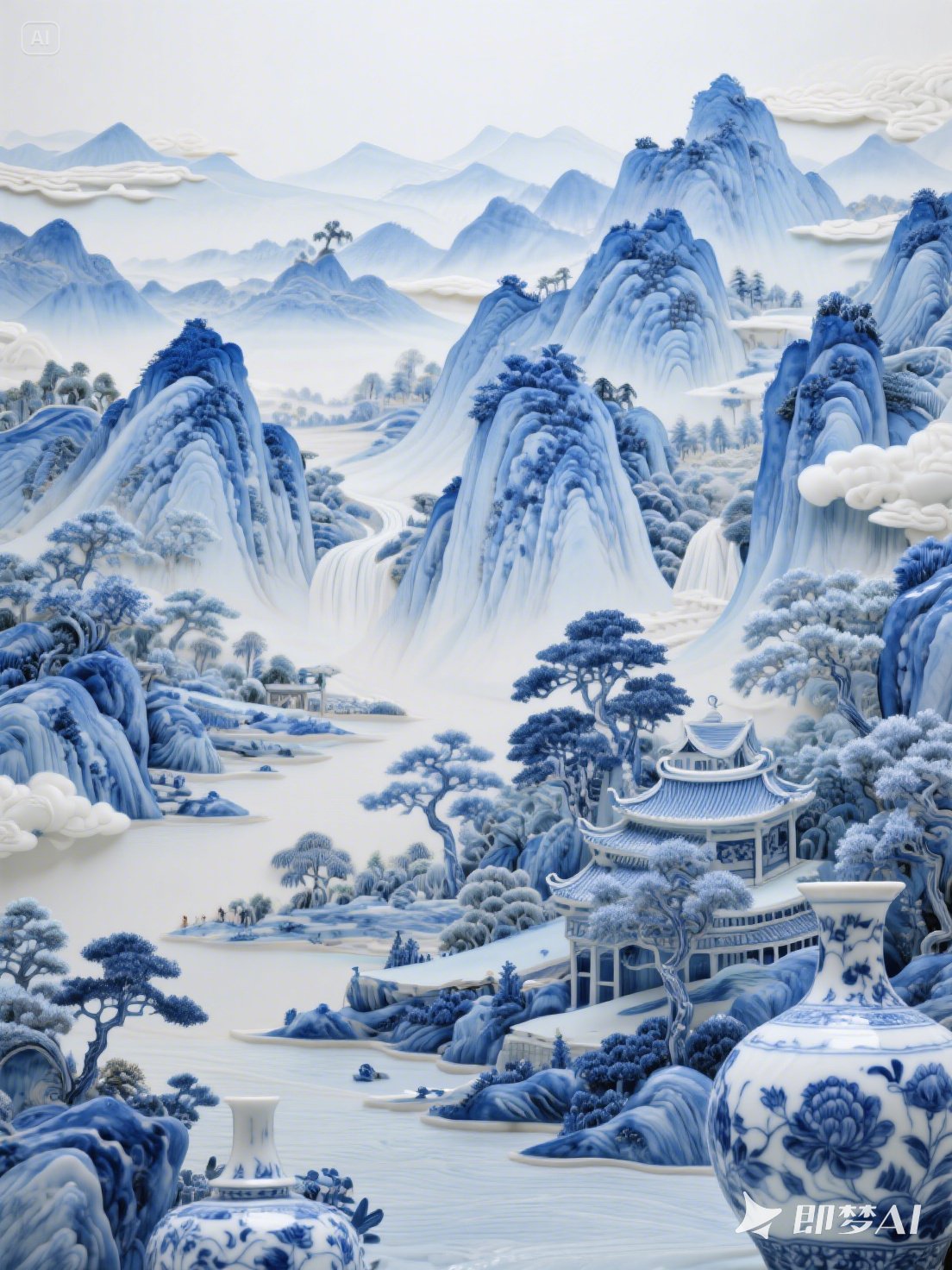 中式美学韵味长,青花瓷中藏山水