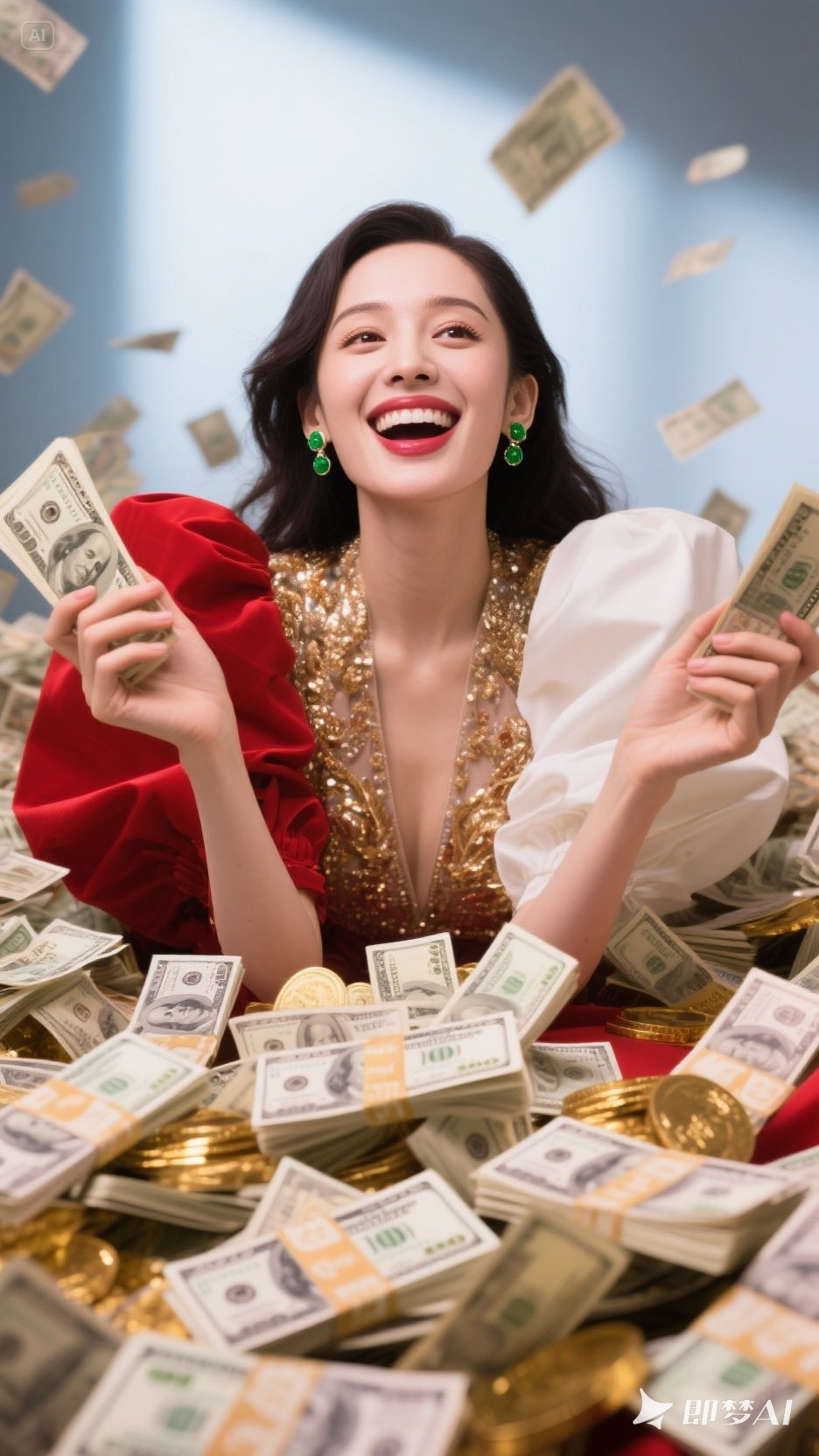 她两手抓着钞票左右展开,发出愉悦笑声,迷人表情充满感染力