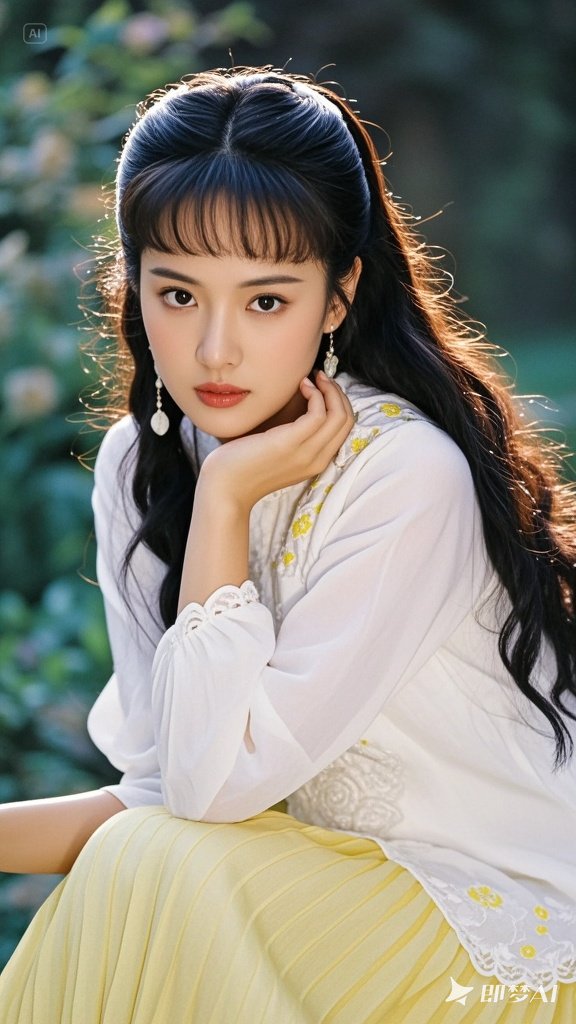 白色绣花衫子搭配柠檬黄百褶裙,裙裾轻扬间尽显端庄