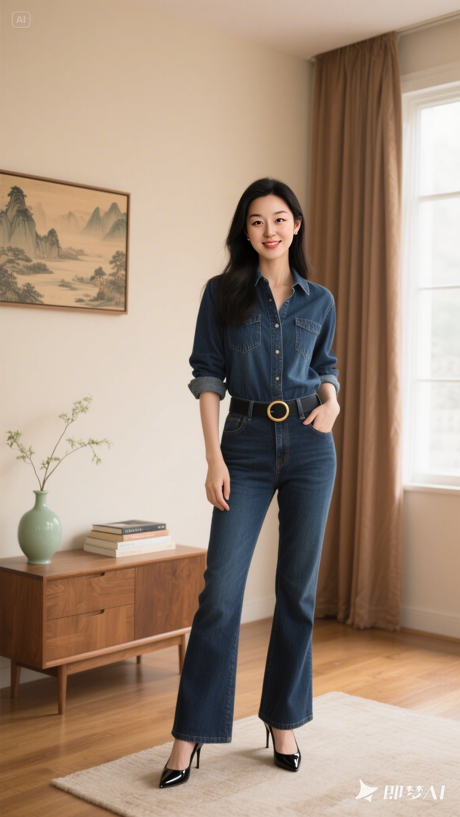 室内氛围温馨宜人.米色墙壁上,中式山水画作点缀其间